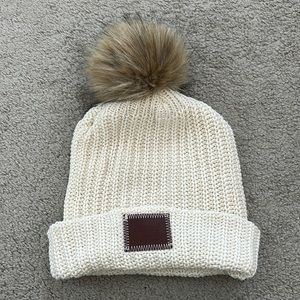 Love Your Melon cream beanie with removable poof